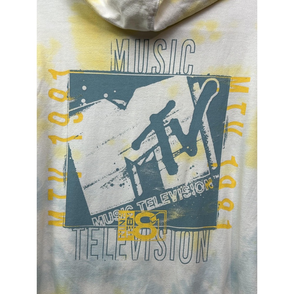 MTV Hoodie Mens Small Yellow Blue Tie Dye Music Television Graphic Pullover - Picture 4 of 8